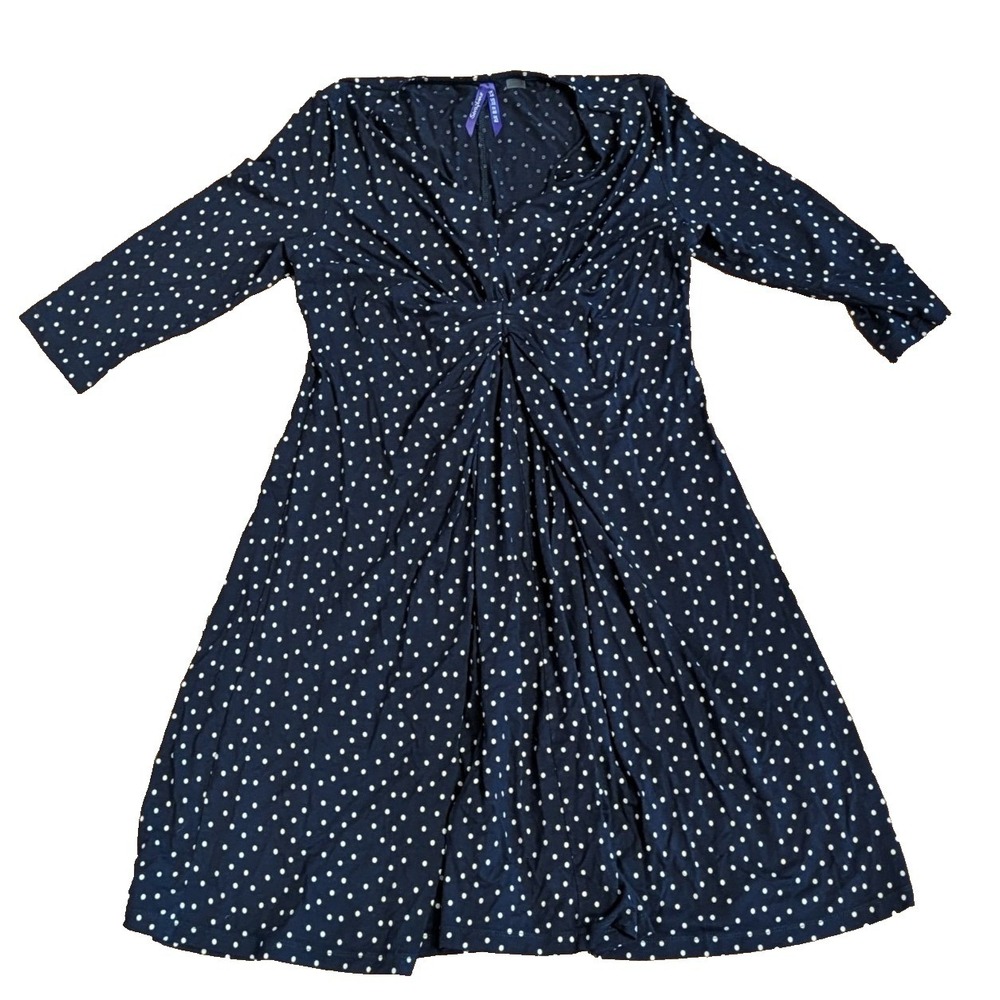 Seraphine Maternity Jersey Dress Navy Blue w/ Polka Dots V-Neck 3/4 Sleeve Sz 10